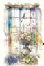 Placeholder: Shabby chic window with flowerpots and bouquets filled with beautiful flowers.full sunlight, stormy clouds, bird, watercolour and ink, stained glass Modifiers: elegant intricate beautiful fantastic view crisp quality colourful Jean-Baptiste Monge pastel colors full view