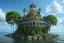 Placeholder: A futuristic ruined gothic building on an island floating over the sea with balconies, verandas, many arches, bridges, spires, paths, trees, dense foliage, spanish moss, ivy, blue sky, white clouds