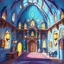 Placeholder: Cartoon whimsical fantasy magical blue building interior of grand orphanage