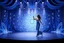 Placeholder: modern stage with gray-blue theme artistic decoration , color full dynamic lighting, a beautiful lady in pants and blouse with shining silver jewels dancing, 3D recursive fractal structure animating background