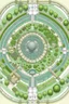 Placeholder: Large botanical garden floorplan. There are four separate botanical garden domes connected by four glass walkways in the shape of a square with four garden domes at each of the four corners. The middle is filled with a pond and no walkway