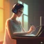 Placeholder: a side view of a beautiful girl sitting on her desktop writing something, headphones on, hand on her chin, nightlamp, digital art, anime, studio ghibli style, window and city background, portrait