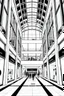 Placeholder: frontal view, black and white outline of long, bauhaus style, shopping mall, three story