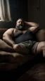 Placeholder: photorealistic, photography, half figure shot, an hairy men sleeping over an old sofa, hands behind the neck, Realistic photography, shirtless, shorts, well defined facial features, muscular chubby sweat dirty marocan, ugly , 41 years old , open legs, manly chest, big shoulders, manly torso, short beard , very dark living room, dim light, ambient occlusion, view angle from below, frontal view from the ground