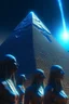 Placeholder: Egyptians with the hair standing straight up in front of Egyptian pyramid. 4 k, down light, depth of field, trending art, spray paint, high detail, fantasy art, alien connection, future tech