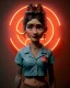 Placeholder: Waist up portrait, hybrid character, waitress British woman with classic muppet mask that covers her entire head and face, Sesame Street style, punk style, short shirt, tray, beer, old school tattoo, hot, smooth, unreal engine 5, god lights, ray tracing, neon, RTX, lumen lighting, ultra detail, volumetric lighting, 3d.