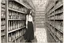 Placeholder: full-height shot of a young witch in a tight black short skirt, inside a large magic shop, shelving, bottles, windows