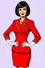 Placeholder: realistic cartoon style full body image of very feminine, dark haired 50 year old stewardess in red dress uniform with short bob cut and strong, seductive makeup, smoky green eyes, highly shiny white plastic gloves, big thick pouty bright red lips, who looks like Jeanna Fine