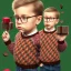 Placeholder: peter billingsley chubby with glasses, holding a single ((Dark red))soap bar, ((brown))argyle sweater, no chocolate