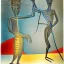 Placeholder: drawn in single line by Nicolai Blatter with hatch with parallel wavy lines metal engraving with african man dance procession in salvador dali style or picasso style