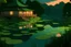 Placeholder: pond in anime satoshi kon style. cozy calming aesthetical. evening. warm green colors. not too dark. with a big lily pad on the right of the picture. big mushroom like standing lamp near lily pad. dont see sky. no wooden houses on background. water more detailed with small waves. bushes and trees on background. more pastel gren colors. no houses. large lily pad on the right of the picture. detailed water with rain drops. not too green more realistic colors