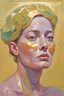 Placeholder: Maria Lassnig oil impasto paintingwoman Clad in the liquid gold of avant-garde elegance, her gaze is an enigmatic force that beckons the beholder into realms of opulent mystique.