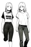 Placeholder: two girls dressed in jeans and a T-shirt walk in the city, line arts, greyscale