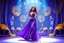 Placeholder: modern stage with gray-dark yellow blueish violet theme artistic decoration , color full dynamic lighting, a beautiful lady in maxi dress with shining silver jewels ,curvy long hair,dancing, 3D recursive fractal structure animating background