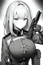 Placeholder: military girl takes out pistol, greyscale