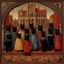 Placeholder: black Cats in colorful costume performing on stage in a medieval opera, Hans Memling style, stylize 750, by yerka, by varo, encaustic