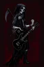 Placeholder: pretty goth girl(dressed as the grim reaper) rockin' on the guitar, leaning back, dark background, red outline, vignette, digital painting
