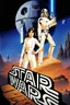 Placeholder: movie poster for Star Wars episode 4 featuring luke and leia on top of a stone shaped as "STAR WARS" death star vin background, r2-d2 and C3PO behind to the right