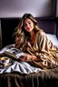 Placeholder: On the cover of the magazine, a gorgeous supermodel lounges on a plush bed with a fluffy duvet and cushions. She is dressed in a stylish and comfortable sleepwear ensemble from a renowned designer brand. Her long hair is sleek and shiny and her makeup is natural and radiant. She looks relaxed and happy, holding a cup of coffee and a book