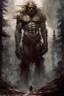 Placeholder: dumb and crazy stone giant above the trees, vivid emotions, watercolor, photorealism, dark fantasy, bad weather, gloomy day, dark world, sketch art, fine lines, grunge, sensual, darkness, by Raymond Swanland & Alyssa Monks & Anna Razumovskaya