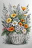 Placeholder: Drawing in very light grey and white colours only, with white background, a cute basket of flowers, beautiful plans, with bright flowers and plants, with soft bushes, v, very bright design, in a cartoon style