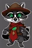 Placeholder: Remy is a raccoon with charcoal-gray fur and emerald-green eyes. He has a black mask-like pattern around his eyes. He wears a tattered dark blue bandit's outfit with a red sash and a feathered hat. Additionally, he carries a leather pouch for stolen treasures. This description is suitable for creating an image in the style of "Sly Cooper: Thieves in Time."