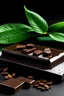 Placeholder: Two pieces of dark chocolate from a chocolate bar, with white liquid mint filling inside the chocolate and a couple of mint leaf around the chocolate