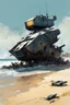 Placeholder: [Alex Maleev] Abandoned war robot wreckage on the beach, kids are approaching it from the beach in a small barque