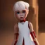 Placeholder: A girl's doll wearing a white dress with red blood bleeding from the back