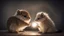 Placeholder: romantic photograph of two small furless animals in a loving relationship, halo lighting, chiaroscuro, beautiful photo