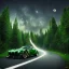 Placeholder: Single extremely detailed realistic sports car (Centered on image), moving on a detailed realistic road in dark woods, clear sky with visible planet, symetrical, HD, 4k, 8k, neon glow, Car color= Dark green with black, Woods color=gray,black,dark green, Sky color= light blue and gray, lightning