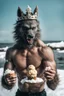 Placeholder: photo shoot of self aware werewolf boxing with ice cream and snow with sea weed crown