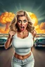 Placeholder: an attractive woman leaning forward(cropped from between nose and hips, white top with wide neck opening, cleavage, hands at side of face, with surprised shocked expression, dramatic screaming, blonde wavy hair), nuclear explosion and 1950s Cars in background, greaser, digital painted illustration