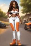 Placeholder: Create a digital airbrush cartoon of a curvy African American female wearing tight white jeans and a off the shoulder orange blouse. She is also wearing timberland boots. Prominent make up with hazel eyes. Highly detailed very long extremely dread locs black hair. Her skin is smooth and silky. Background of a track of ATV riders.