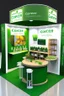 Placeholder: Corner green exhibition stand of a food company with product displays and a meeting area