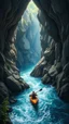Placeholder: Bosch painting style, 3D multi layers caves where the a river stream, a man in kayak boat in a fast and high water