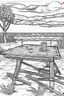 Placeholder: Outline art for coloring page, PICNIC TABLE ON A HAWAII BEACH WITH BEACH TOWELS ON THE TABLE, coloring page, white background, Sketch style, only use outline, clean line art, white background, no shadows, no shading, no color, clear