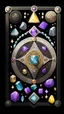 Placeholder: There is a magic amulet in the center around it there are magic stones, tarot cards on a black background