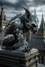 Placeholder: captivating and highly detailed fantasy, gothic illustration featuring a grayish Gargoyle with curly bluish hair crouching above the city, leaning forward to observe the people below. Style of artist Anne Stokes, Gothic, Dark Fantasy, photo, 3d rendering, cinematic