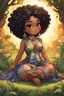 Placeholder: An art nouveau image of a chibi native american cartoon of a curvaceous woman with flowing of tight curly afro of black hair that's highly detailed, wearing a tie dye maxi dress. She sits relaxed on the grass facing the warm sunlight, which illuminates her face as she looks to the side with a small smile, accentuating her prominent makeup and brown eyes. with green and hot pink roses all around