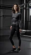 Placeholder: photography of a beautiful anorexic woman, anthracite satin triathlon top, sports illustrated, brunette short wavy bob haircut, pronounced sternum, flat chest, anthracite short leggins