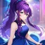 Placeholder: Clear focus, 8k, beautiful lighting, vibrant colors, girl, purple hair, long hair, vibrant blue eyes, ponytail, messy hair, purple and blue dress,