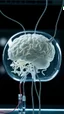 Placeholder: A transparent brain fills with white worms in laboratory tube connected to small tubes and wires to an old man head