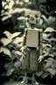 Placeholder: rollerflex photograph 1950s, dusty, robot made from toilet paper and infected with ivy, 4k, f1.2 50mm, dark vignette