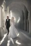 Placeholder: Woman with white hair wearing a white dress, walking down a sunlit stone hall, AND a handsome man in the background lurking in the shadows with long black hair