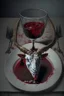 Placeholder: cursed meal with a goat head photorealistic image, served on a plate, with blood to drink in a glass