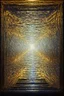 Placeholder: "Cymatics meets ancient architecture" is an artwork showing that at 220Hz, the ripple tank glows with golden light as a crystal lattice forms, a square-shaped pattern with 3D depth, its edges stepping down like a ziggurat; Modern Celestial Symbolic Art with a golden color palette inspired by Gustav Klimt