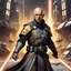 Placeholder: star wars bald male corellian jedi pilot wearing black and gunmetal grey old republic armored robes with gold trim, alone, battle-ready Jedi Master defending a ruined ancient city surrounded by golden light, centered head and shoulders portrait, hyperdetailed, dynamic lighting, hyperdetailed background, 8k resolution, volumetric lighting, light skin, fully symmetric details