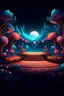 Placeholder: Create a mesmerizing 2D illustration of a music event stage illuminated under the enchanting evening of spring