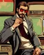 Placeholder: a young man with big muscles who looks like hans gruber wearing a heavy coat and red sunglasses staring with an irritated look on his face smashing a television